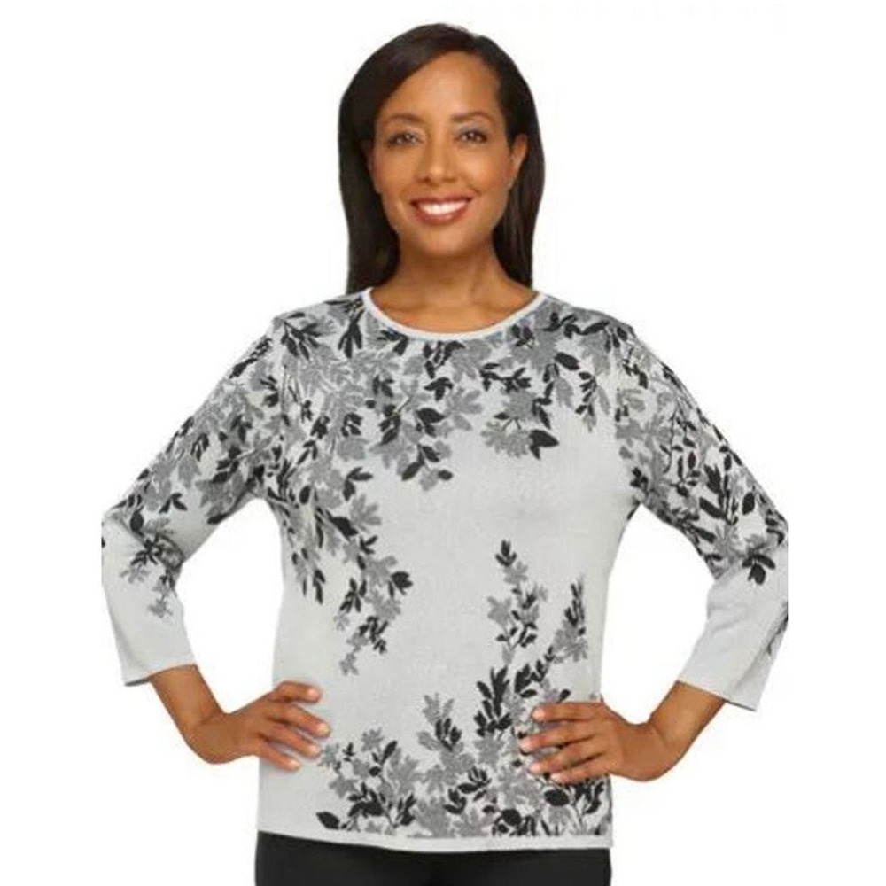 Alfred Dunner Classics Silver Floral Metallic Knit Sweater 3/4 Sleeve Large